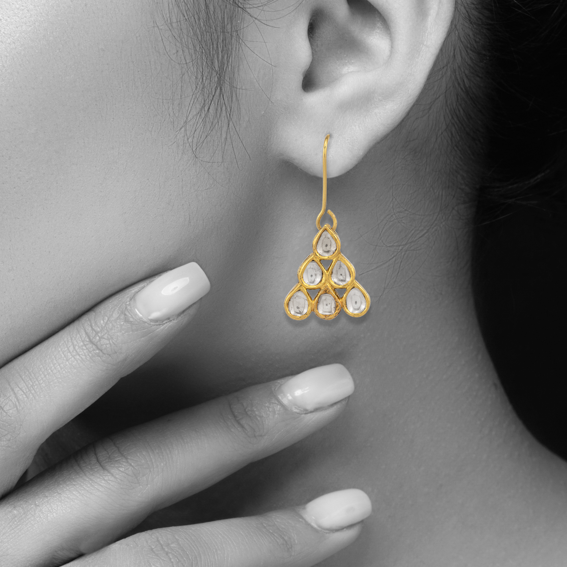 Polki Drop Triangular Earrings with Fish Hook